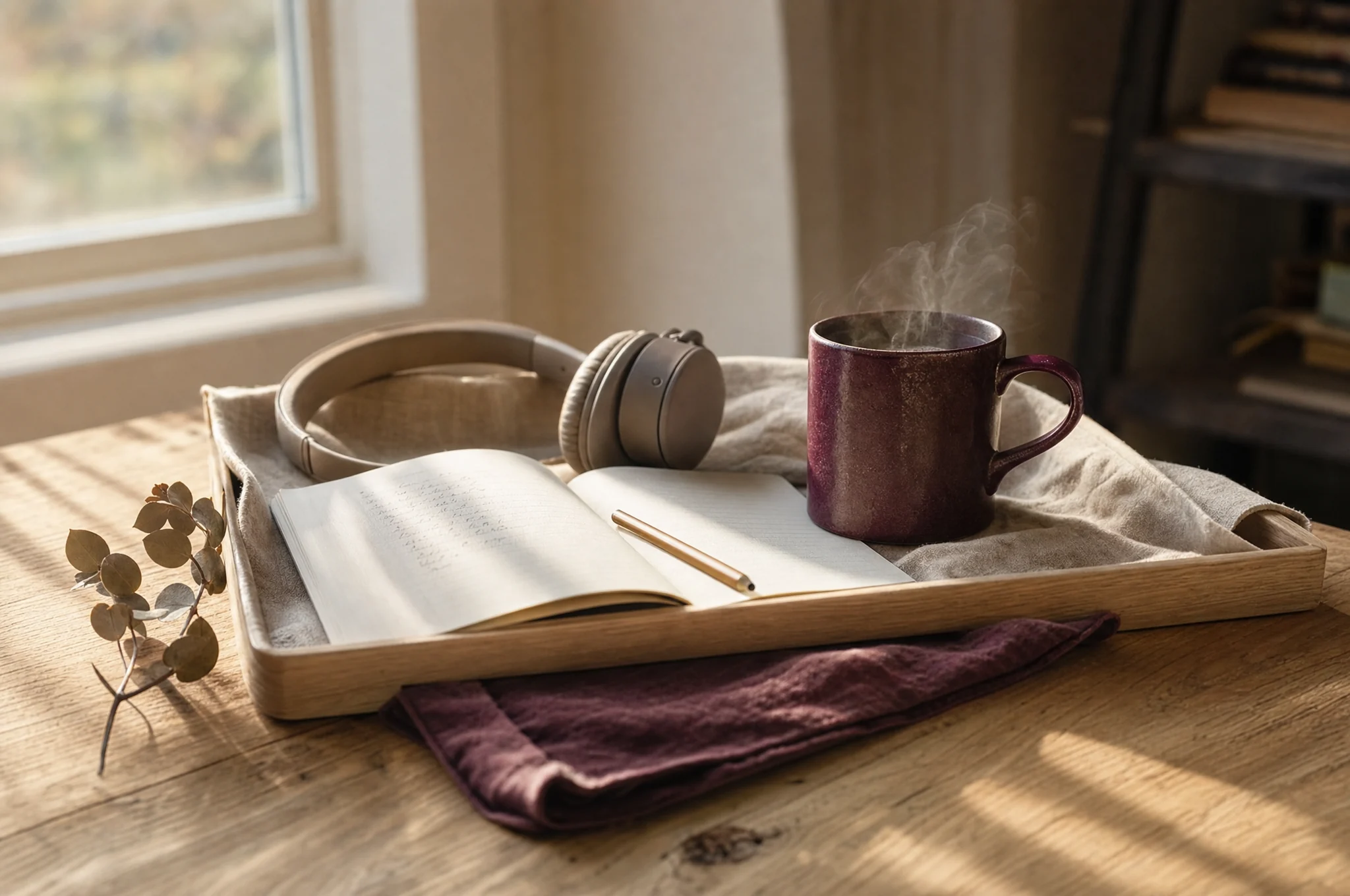 Bandeja com caderno, fones e caneca em uma manhã tranquila